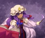  bow crescent hat patchouli_knowledge purple_eyes purple_hair shiba_murashouji solo touhou wand 