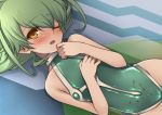  ar_tonelico ar_tonelico_ii bare_shoulders blush bodysuit flat_chest frelia green_hair gust leotard lying on_back orange_eyes short_hair solo tears utsugi_(skydream) wink 