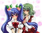  alternate_hairstyle blue_hair blush breasts cleavage green_hair hinanawi_tenshi kazami_yuuka long_hair long_sleeves multiple_girls plaid plaid_skirt plaid_vest puffy_sleeves red_eyes short_hair short_sleeves skirt skirt_set smile styling_hair touhou twintails umeshyu_sake 