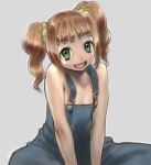  bad_id brown_hair cozy green_eyes idolmaster naked_overalls open_mouth overalls solo takatsuki_yayoi twintails 