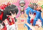  blue_hair blush bow brown_eyes buront crossed_arms detached_sleeves final_fantasy final_fantasy_xi food fruit grey_hair hair_bow hakurei_reimu hat heart heart_hands heart_hands_duo hinanawi_tenshi japanese_clothes long_hair m.u.g.e.n miko nagare peach pink_eyes pointy_ears sweatdrop symmetrical_hand_pose the_iron_of_yin_and_yang the_legend_of_gluttony touhou 