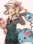  1girl brown_hair hair_ribbon hat kotone_(pokemon) marill open_mouth overalls pokegear pokemon pokemon_(creature) pokemon_(game) pokemon_gsc ribbon sin_(hitonatsu) 