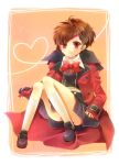  blush brown_hair female_protagonist_(persona_3) kneehighs oversized_clothes persona persona_3 persona_3_portable red_eyes ribbon school_uniform shooting-star sitting skirt smile socks trench_coat trenchcoat 