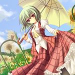  ascot bad_id between_breasts clothes_between_breasts dutch_angle fence flower garden green_hair kazami_yuuka long_skirt pantyhose plaid plaid_skirt plaid_vest puffy_sleeves red_eyes short_hair skirt skirt_hold skirt_lift skirt_set sky slip_skirt sunflower touhou umbrella untucked 
