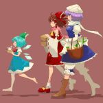  barefoot basket blue_eyes blue_hair boots bow brown_hair cirno detached_sleeves hair_bow hakurei_reimu hat japanese_clothes letty_whiterock matsutani miko purple_hair running scarf shopping touhou vegetable wings 