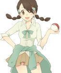  black_hair brown_eyes hand_on_hip holding holding_poke_ball mugime ochappa poke_ball pokemon pokemon_(game) pokemon_dppt simple_background skirt solo suzuna_(pokemon) sweater_around_waist twintails white_background wink 