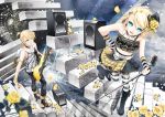  blonde_hair boots bracelet cocoon_(loveririn) collar flower frills gothic guitar hair_flower hair_ornament hairclip hat instrument jewelry kagamine_len kagamine_rin microphone microphone_stand mini_top_hat navel necklace petals punk rose short_hair siblings skirt smile speaker stairs striped striped_legwear striped_thighhighs stuffed_animal stuffed_toy teddy_bear thigh-highs thighhighs top_hat twins vintage_microphone vocaloid yellow_rose 