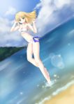  ahoge barefoot bikini blonde_hair dutch_angle fate/stay_night fate_(series) freewind green_eyes highres lens_flare long_hair saber swimsuit wading water 