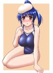  beret blue_hair blush competition_swimsuit hat long_hair mochizuki_kazuto one-piece_swimsuit original ponytail red_eyes solo swimsuit 