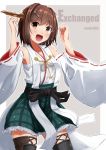  1girl :d blush brown_eyes brown_hair commentary_request cosplay detached_sleeves frilled_skirt frills furutaka_(kantai_collection) green_skirt hair_ornament hairclip headgear hiei_(kantai_collection) hiei_(kantai_collection)_(cosplay) kantai_collection namae_hamada nontraditional_miko open_mouth plaid plaid_skirt ribbon-trimmed_sleeves ribbon_trim short_hair skirt smile solo thigh-highs 