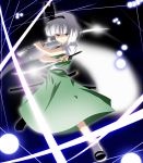  bob_cut danmaku dress dual_wielding ghost glaring grey_hair hair_ribbon hairband headband kasukazu katana konpaku_youmu konpaku_youmu_(ghost) mary_janes myon open_mouth ribbon shoes short_hair solo sword touhou weapon 