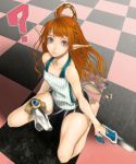  bike_shorts blue_eyes braid brown_hair checkered checkered_floor elf feet jamadhar kazakami_yuu kneeling long_hair pixiv pixiv_fantasia pixiv_fantasia_4 pointy_ears simuka sitting solo wariza 