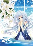  artist_request bare_shoulders blue_eyes blue_hair dress flower hair_intakes hands_clasped long_hair original solo wading water window 