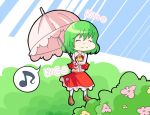  ascot chibi closed_eyes comic flower green_hair happy jpeg_artifacts kazami_yuuka kousyoku kuzugitsune_(inarikami) musical_note parasol romaji short_hair silent_comic skirt skirt_set smile solo spoken_musical_note sunbeam sunlight touhou umbrella vest 