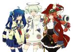 3girls :o angel_wings bad_id bird blue_hair book bullet candle character_request coat detached_sleeves drill_hair flower grey_eyes halo hat long_hair multiple_girls open_mouth orange_hair original owl pinky_out red_eyes red_hair redhead scarf short_twintails skirt smile staff thigh-highs thighhighs twintails v wings zettai_ryouiki 
