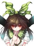  bow breasts brown_hair cleavage finger_to_mouth hair_bow hair_ribbon homeless_mk_ii large_breasts no_bra orange_eyes red_eyes reiuji_utsuho ribbon simple_background smile touhou 