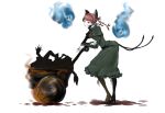  animal_ears boots bow braid buroko cart cat_ears cat_tail dress green_dress hair_bow high_heels kaenbyou_rin multiple_tails pantyhose red_eyes red_hair shoes short_hair skull smile solo tail touhou twin_braids white_background 