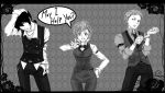  cosplay english female_protagonist_(persona_3) formal gloves hand_on_hip monochrome persona persona_3 persona_3_portable sanada_akihiko sanada_akihiko_(cosplay) suta_furachina taut_shirt thigh_gap wide_hips 