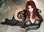  ass bad_id boots breasts high_heels hokuto_no_ken huge_breasts jewelry long_hair lying mamiya necklace red_hair see-through shoes skirt solo thigh_boots thighhighs 