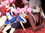  adult age_comparison bishoujo_senshi_sailor_moon black_lady chibi_usa double_bun kurot long_hair luna-p multiple_persona navel pink_hair see-through time_paradox twintails undersized_clothes young 