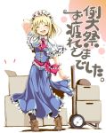  :d blonde_hair closed_eyes hand_behind_head hand_truck highres ichirino_minagi open_mouth shoes smile touhou translation_request 