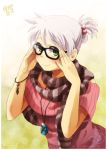  blush emily_(meago) face glasses hands jewelry meago necklace original scarf shiny smile solo white_hair 