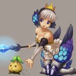  armor armored_dress bare_shoulders beni_no_iruka blue_eyes breasts cleavage crown detached_sleeves feathers grey_background gwendolyn hair_ornament hairband kneeling odin_sphere polearm silver_hair simple_background spear thigh-highs thighhighs weapon 