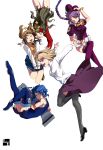  5girls absurdres apron arcueid_brunestud arima_miyako black_hair blue_eyes blue_skirt boots braid broom brown_hair ciel falling hat headbutt highres long_skirt melty_blood multiple_girls nanaya_(daaijianglin) purple_eyes purple_skirt seventh_holy_scripture short_hair simple_background sion_eltnam_atlasia skirt skirt_hold skirt_pull smile star sweatdrop thighhighs tsukihime yellow_eyes yumizuka_satsuki zettai_ryouiki 