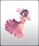  bad_id barefoot black_hair bunny_ears dress inaba_tewi light_smile maryquant rabbit_ears red_eyes short_hair solo touhou 