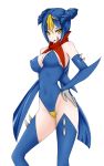  blue_hair breasts elbow_gloves emukon erect_nipples garchomp gloves hand_on_hip highres leotard multicolored_hair personification pokemon spikes thigh-highs thighhighs two-tone_hair yellow_eyes 