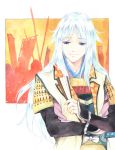  agahari blue_eyes fan long_hair male nobunaga_no_shinobi solo source_request takenaka_hanbee traditional_media white_hair 