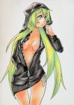  cleavage derurittoru green_eyes green_hair hoodie long_hair panties side-tie_panties thigh_gap traditional_media underwear 