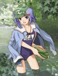  hana_(artist) hana_(hana_mo_arashi_mo) jacket jacket_on_shoulders kawashiro_nitori leaf monogatari_(series) one-piece_swimsuit parody school_swimsuit sengoku_nadeko swimsuit touhou wading water 