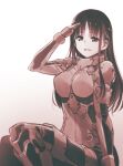  1girl absurdres breasts eyebrows_visible_through_hair hair_behind_ear highres ishiyumi long_hair looking_at_viewer medium_breasts monochrome open_mouth original pilot_suit salute sitting smile solo 