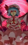  amayoikazuto bat_wings fangs hands_on_own_chest hat magic_circle open_mouth red_eyes remilia_scarlet short_hair smile solo touhou wings 