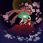  bow cherry_blossoms dress flower full_moon green_eyes green_hair hair_bow hair_ribbon kagiyama_hina lantern moon ribbon solo touhou tree 