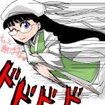  black_hair blue_eyes character_request chinese_clothes crossed_arms dust frills glasses hat japanese_clothes kou_getsuei legs long_hair lowres oekaki running sangokushi_taisen sketch smoke speed_lines translated translation_request wink 