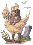  alma_beoulve armor bird blonde_hair bow brother_and_sister chocobo dress final_fantasy final_fantasy_tactics fujimaru long_hair plant ramza_beoulve riding saddle short_hair siblings smile spikes 