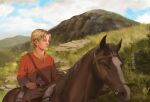  1boy askeladd belt_buckle blonde_hair buckle clouds dnriv grass horse outdoors short_hair sky tunic viking vinland_saga younger 