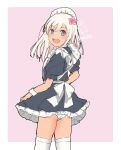  1girl alternate_costume apron ass black_dress blonde_hair border commentary_request dress enmaided frilled_apron frills green_eyes highres kantai_collection long_hair looking_at_viewer maid maid_apron maid_headdress mochizou one-hour_drawing_challenge open_mouth panties pink_background ro-500_(kancolle) solo tan thigh-highs two-tone_background underwear upper_teeth white_apron white_border white_legwear white_panties 