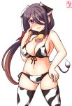  1girl alternate_costume animal_ears animal_print ariake_(kancolle) artist_logo bangs bell bikini black_hair brown_hair commentary_request covered_nipples cow_ears cow_horns cow_print cow_tail cowbell cowboy_shot dated fake_animal_ears fake_horns front-tie_top gradient_hair hair_over_one_eye horns kanon_(kurogane_knights) kantai_collection long_hair looking_at_viewer low_ponytail lowleg lowleg_bikini multicolored_hair one-hour_drawing_challenge side-tie_bikini simple_background solo swimsuit tail thigh-highs violet_eyes white_background white_bikini white_legwear 