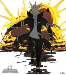  12f_(arknights) 1boy arknights artist_name black_jacket black_pants black_sclera cellphone character_name colored_sclera english_commentary explosion jacket leinnar lizard long_sleeves looking_at_viewer pants phone shirt shoes solo standing t-shirt tail wand white_shirt yellow_eyes 