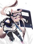  1girl :o animal_ear_fluff animal_ears arknights black_jacket black_legwear blue_shorts boots brown_hair cardigan_(arknights) commentary dog_ears dog_girl dog_tail english_commentary gloves goggles goggles_on_head hair_between_eyes highres holding holding_knife holding_shield jacket knee_pads knife multicolored_hair pink_footwear ponytail shield shirt shorts simple_background solo streaked_hair tail violet_eyes wagachop white_background white_gloves white_shirt 