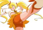  1girl :d bangs bike_shorts blonde_hair bow breasts clover_earrings crop_top cure_sunshine earrings eyebrows_visible_through_hair eyelashes floating_hair fuchi_(nightmare) hair_between_eyes hair_bow heartcatch_precure! jewelry leg_up long_hair midriff miniskirt motion_blur open_mouth orange_bow orange_ribbon orange_shorts orange_skirt precure ribbon shiny shiny_hair short_shorts short_sleeves shorts shorts_under_skirt simple_background skirt small_breasts smile solo stomach twintails under_boob very_long_hair white_background white_footwear wrist_cuffs yellow_eyes 