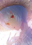  1girl ayanami_rei backlighting bangs blue_hair collared_shirt commentary hand_up hat highres kota_soydog neon_genesis_evangelion parted_lips portrait red_eyes shirt short_hair solo straw_hat sunlight white_shirt 