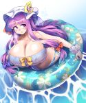  1girl bikini breasts crescent crescent_hair_ornament crescent_hat_ornament hair_ornament hat hat_ornament highres holding holding_innertube huge_breasts innertube mob_cap outdoors patchouli_knowledge purple_hair solo swimsuit touhou transparent umigarasu_(kitsune1963) violet_eyes water 
