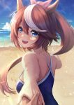  1girl anemone_noa animal_ears beach blue_eyes blue_swimsuit brown_hair day eyebrows_visible_through_hair hair_between_eyes highres horse_ears horse_girl long_hair ocean one-piece_swimsuit open_mouth ponytail smile solo_focus swimsuit tokai_teio_(umamusume) umamusume upper_teeth white_hair 