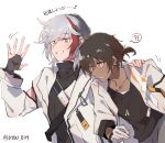  !? 2boys arknights black_gloves black_hair black_shirt coat collarbone dark-skinned_male dark_skin ear_clip earrings elysium_(arknights) eyebrows_visible_through_hair fingerless_gloves gloves grey_coat grey_eyes grin hand_on_another&#039;s_shoulder highres jewelry kyou_039 looking_at_viewer male_focus motion_lines multicolored_hair multiple_boys necklace open_clothes open_coat orange_eyes parted_lips redhead shirt short_hair short_ponytail simple_background smile spoken_interrobang streaked_hair sweatdrop thorns_(arknights) twitter_username upper_body waving white_background white_gloves white_hair 