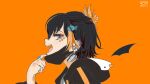  1girl absurdres animal_hood bangs black_hair black_hoodie ear_piercing fish_hair_ornament from_side hair_behind_ear hair_ornament highres hood hoodie l_yth mask_pull multicolored_hair nijisanji nijisanji_en open_mouth orange_background orange_hair penguin_hood petra_gurin piercing short_hair smile solo streaked_hair two-tone_hoodie vampire_(vocaloid) virtual_youtuber white_hoodie 