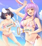  2girls animal_ears bangs bikini black_hair blush breasts carrot clouds cowboy_shot floppy_ears highres inaba_tewi light_purple_hair long_hair medium_breasts multiple_girls navel ocean pink_bikini purple_hair rabbit_ears rabbit_girl red_eyes reisen_udongein_inaba short_hair standing stomach swimsuit tarmo touhou water_gun wavy_hair white_bikini 